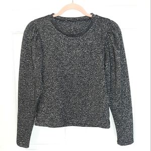Zara black and silver glitter puff bishop sleeve crew neck sweater blouse